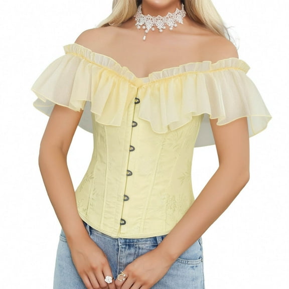 BLTIBY Women's Off Shoulder Boned Overbust Corset Bustier Lace Up Lingerie Bodyshaper Tops Waist Wrapped Lingerie Cincher Yellow XS