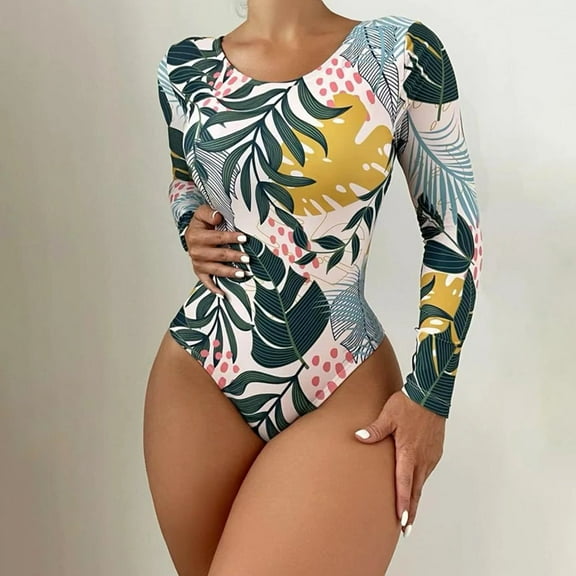 BLTIBY Women's One Piece Swimsuit Round Neck Long Sleeve Printed Bikini Set Bathing Suits Fashion Casual Swimwear Yellow M