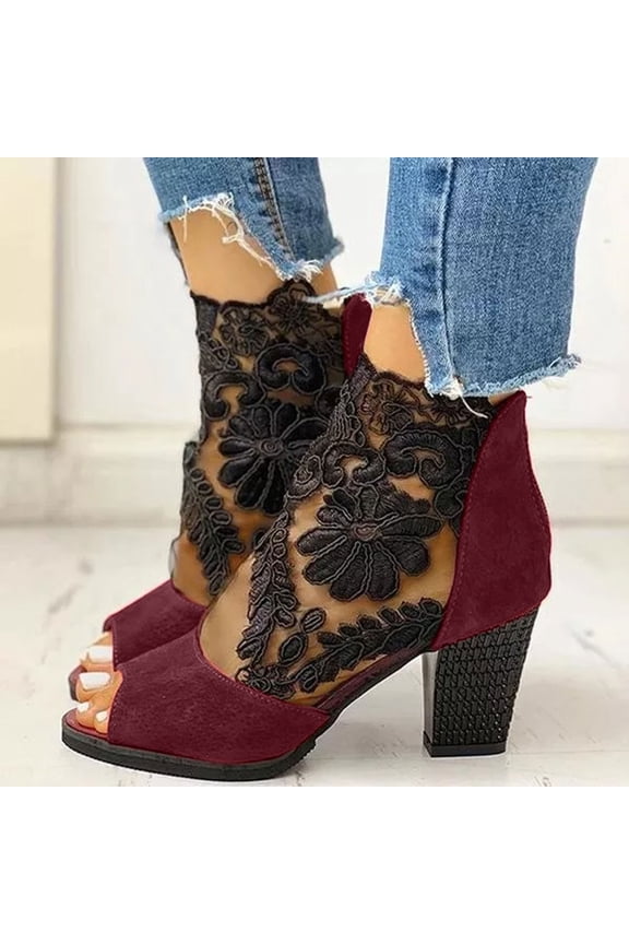 Women's Open Toe High Heels Sandals Flowers Lace Fish Mouth with Back Zipper Cutout Breathable Non-Slip Ankle Bootie Sandals Fashion Wedding Party Dress Shoes Wine 42