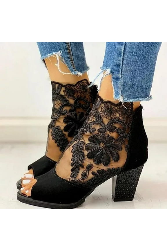 Women's Open Toe High Heels Sandals Flowers Lace Fish Mouth with Back Zipper Cutout Breathable Non-Slip Ankle Bootie Sandals Fashion Wedding Party Dress Shoes Black 43