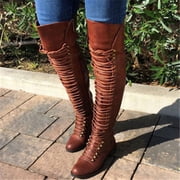 BLTIBY Women's Over the Knee Boot Low Heel Lace Up Tall Boots PU Leather Riding Booties Fall Winter Fashion Brown 42