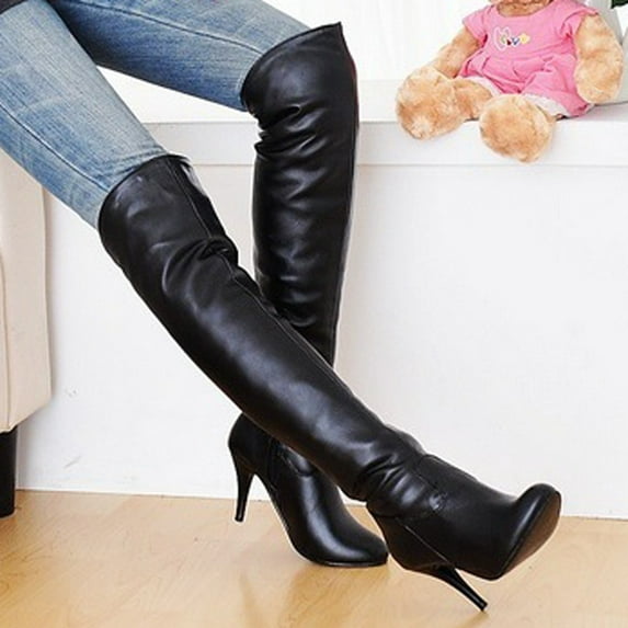 BLTIBY Women's Over the Knee Boots Stretch Thigh High Pointed Toe High Heel Boot Fashion Winter Boots Shoes with Side Zip pu Black 44