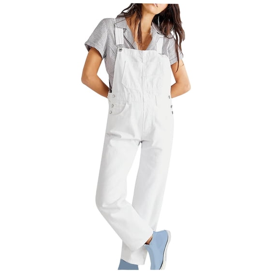 BLTIBY Women's Overalls Loose Fit Ladies Jeans Summer Solid Color Fashion Baggy Suspenders Button Jumpsuit Casual Sleeveless Wide Long Bib Leg Rompers with Pockets White XXL