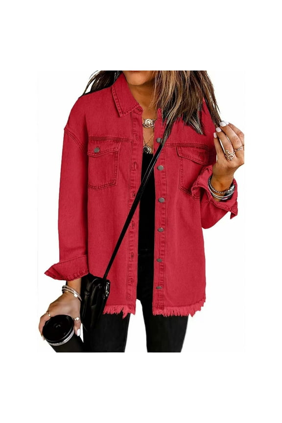 Women's Oversized Denim Jacket Fall Jean Jackets Button Up Frayed Hem Shacket Retro Western Boyfriend Lightweight Coat with Pockets Red XXL