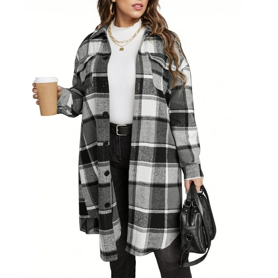 BLTIBY Women's Oversized Plaid Jacket Fall Flannel Spread Collar Button Down Outwears Casual Loose Tartan Trench Coats with Pockets Black S