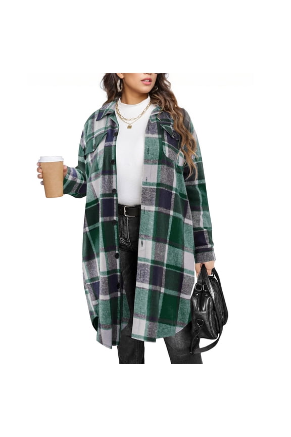 Women's Oversized Plaid Jacket Fall Flannel Spread Collar Button Down Outwears Casual Loose Tartan Trench Coats with Pockets Green M