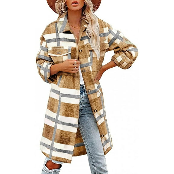 BLTIBY Women's Oversized Plaid Jacket Fall Winter Flannel Spread Collar Button Down Outwears Casual Loose Tartan Trench Coats with Pockets Yellow S