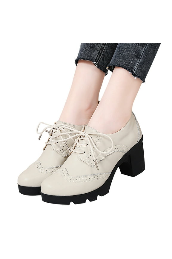 Women's Oxford Shoes Leather Lace-up Chunky Mid Heel Retro Carved Hollowed Out Lace Cut Round Toe Comfortable Casual Formal Work Shoes Beige 35
