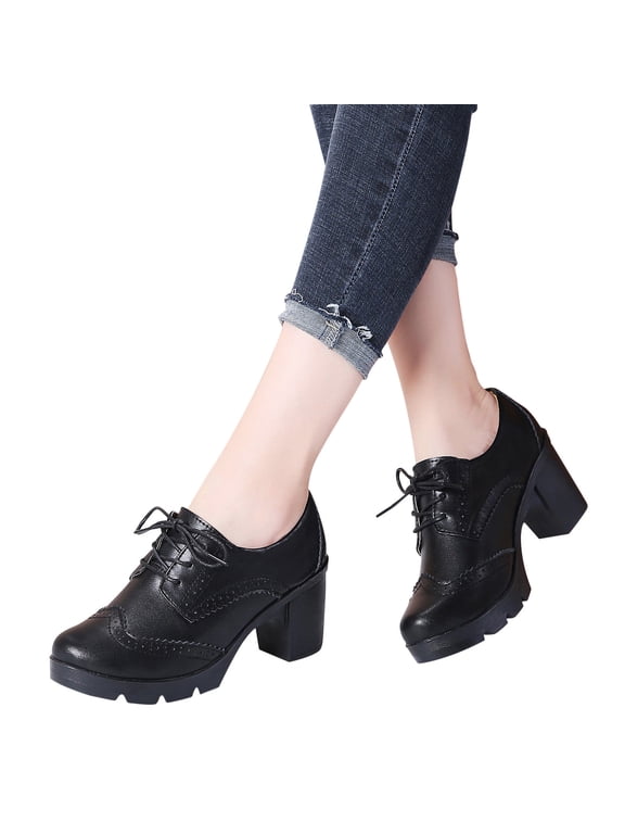 Women's Oxford Shoes Leather Lace-up Chunky Mid Heel Retro Carved Hollowed Out Lace Cut Round Toe Comfortable Casual Formal Work Shoes Black 40