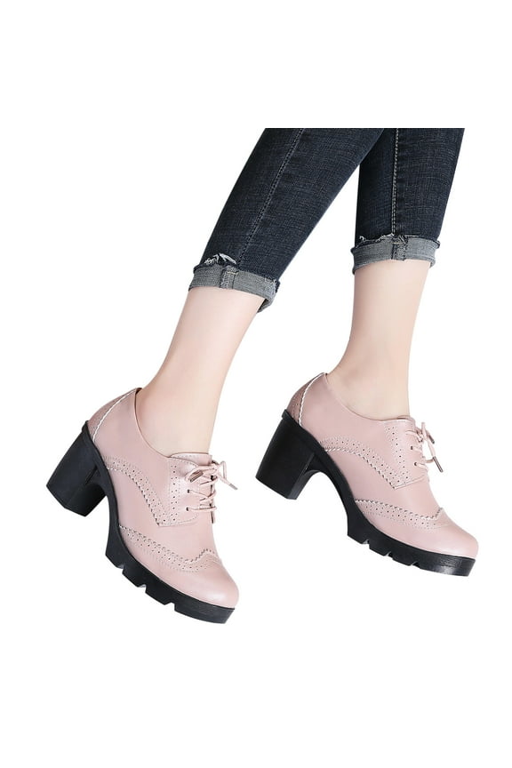 Women's Oxford Shoes Leather Lace-up Chunky Mid Heel Retro Carved Hollowed Out Lace Cut Round Toe Comfortable Casual Formal Work Shoes Pink 39