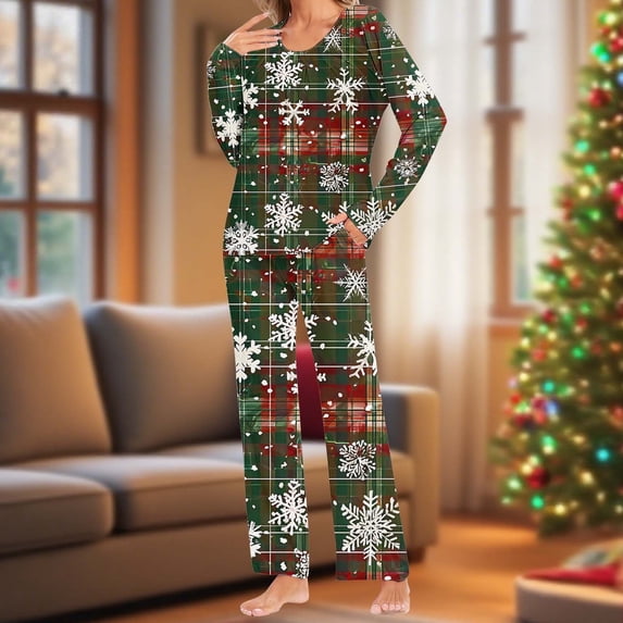 BLTIBY Women's Pajama Sets Christmas Printed Loose Cozy Xmas Pajamas 2 PC Long Sleeve Pleated Round Neck Tops Sleep Pants Sleepwear Set with Pockets Army Green XXL