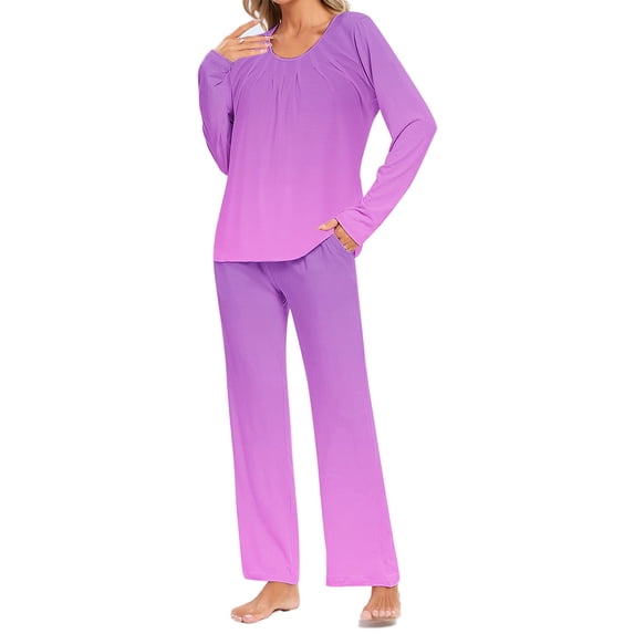BLTIBY Women's Pajama Sets Gradient Printed Loose Cozy Pajamas 2 PC Long Sleeve Round Neck Pleated Tops Sleep Pants Lounge Pjs Set with Pockets Purple S