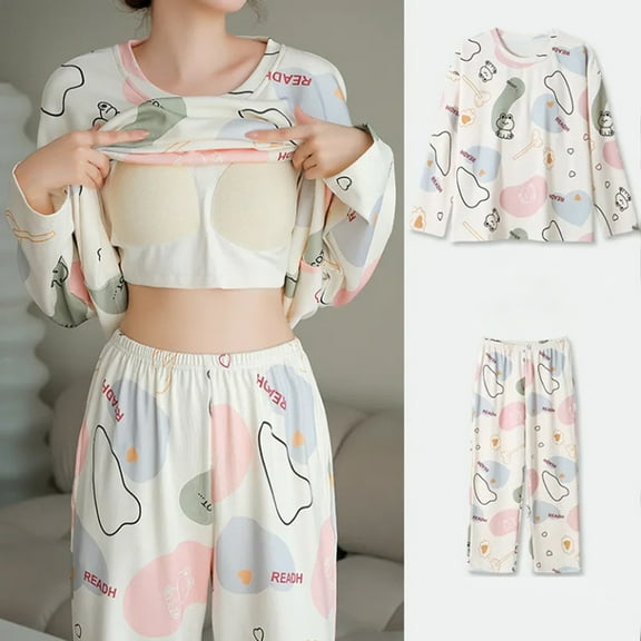 BLTIBY Women's Pajama Sets Printed Warm Long Sleeve Pants 2 Piece Sleepwear with Breast Pad Round Neck Pjs Lounge Set Fashion Comfortable Homewear Beige L
