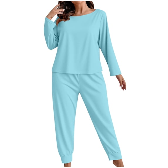 BLTIBY Women's Pajama Sets Solid Color Loose Cozy Plus Size Pajamas 2 PC Long Sleeve Round Neck Top Sleep Pants Sleepwear Set Mint Green 4XL