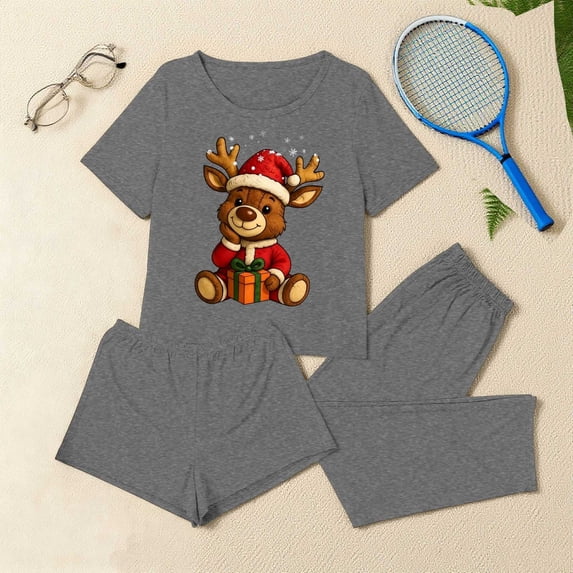 BLTIBY Women's Pajamas Set 3 PCS Cute Christmas Short Sleeves Loose Comfy Crop Tops Pj's Pants Outfits and Shorts Loungewear Dark Gray XXL