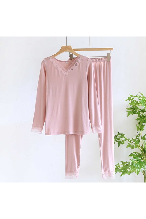 Women's Pajamas Sets Ski Breathable Long Johns Base Layer Lace Sets V Neck Soft Lightweight Warm Sleepwear Suit Pink L