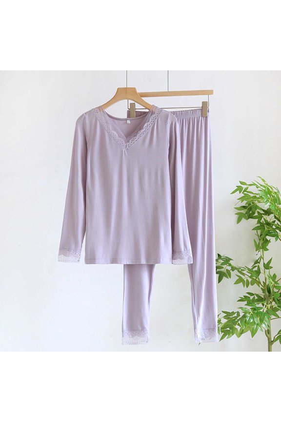 Women's Pajamas Sets Ski Breathable Long Johns Base Layer Lace Sets V Neck Soft Lightweight Warm Sleepwear Suit Purple L