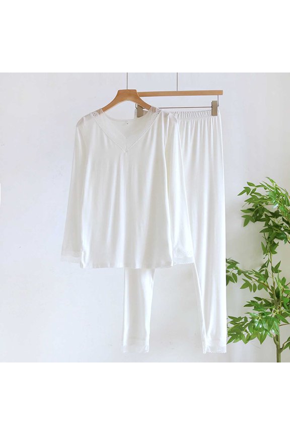 Women's Pajamas Sets Ski Breathable Long Johns Base Layer Lace Sets V Neck Soft Lightweight Warm Sleepwear Suit White L