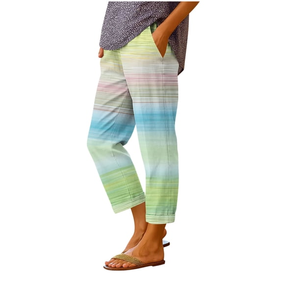 BLTIBY Women's Pants Striped Printed Straight Leg Summer Fall Lounge Boho Beach Cuffed Trousers with Pockets Green XL