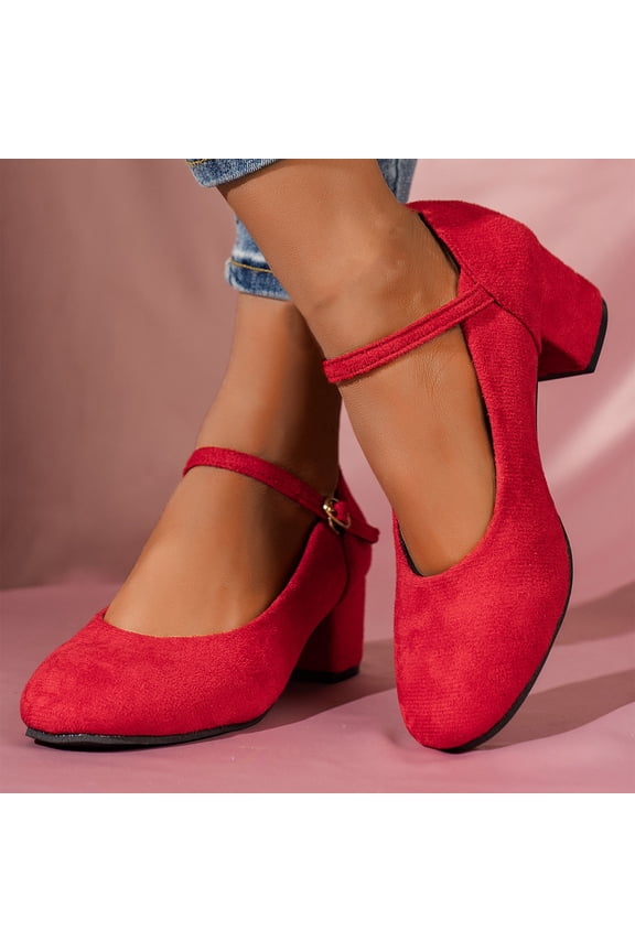 Women's Pointed Toe Pumps Ankle Strap Buckle Solid Color Medium Heeled And Thick Heeled Dress Shoes Ladies Shallow Mouth Suede Shoes Red 37