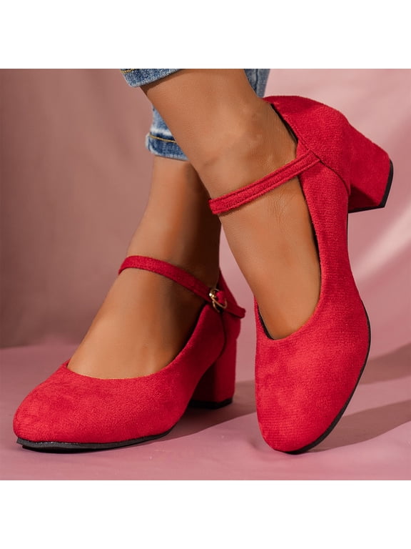 Women's Pointed Toe Pumps Ankle Strap Buckle Solid Color Medium Heeled And Thick Heeled Dress Shoes Ladies Shallow Mouth Suede Shoes Red 41