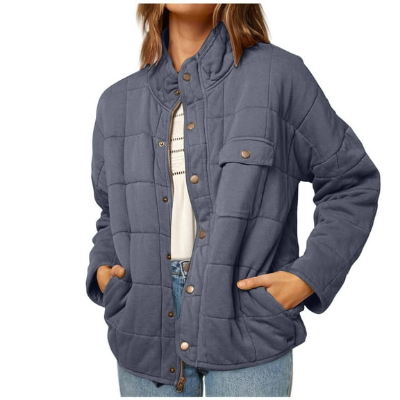 BLTIBY Women's Quilted Jackets Fall Winter Causal Lightweight Warm Button Down Coat with Pockets Sky Blue M