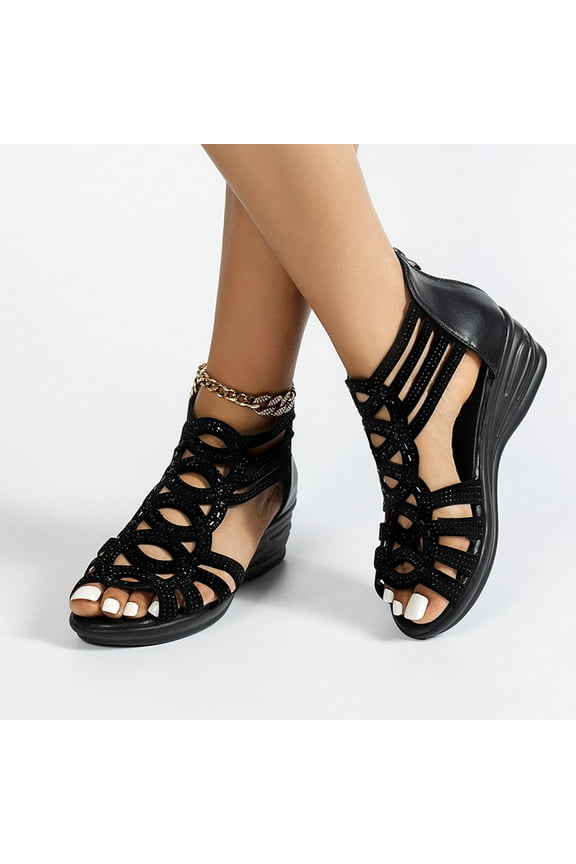 Women's Roman Wedge Hollow Sandals with Zipper Back,Rhinestone Gladiator Open Toe High Heel Dress Sandals Bootie 2025 Black 37
