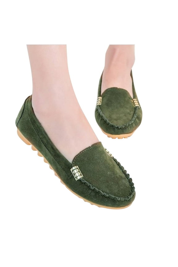 Women's Round Toe Suede Flat Shoes Casual One Foot Stirrup Shallow Mouth Flat Shoes Flat Heeled Work Single Shoes Army Green 38
