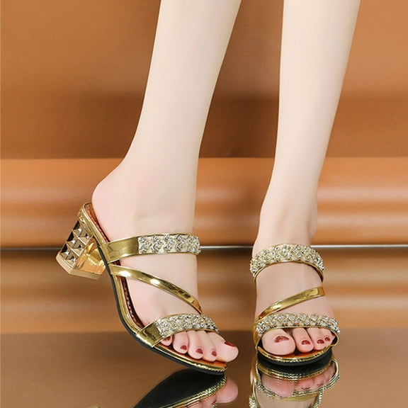 BLTIBY Women's Sandals Shiny Rhinestone Fish Mouth Chunky High Heels Bohemian Beach Block Platform Slipper Slip on Party Shoes Gold 37