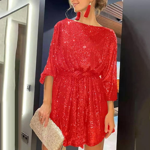 BLTIBY Women's Sequin Dress Solid Color Round Neck Long Sleeve Loose Fit Blouse Top Mini Dress Party Clubwear Fashion Casual Clothing with Belt Red M