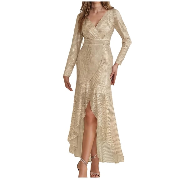BLTIBY Women's Sequin Maxi Formal Dresses Long Sleeve Cocktail Wedding Guest Wrap Dress Elegant V Neck Party Gowns with Slit Beige M