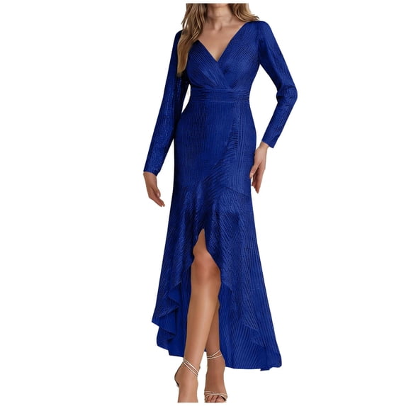 BLTIBY Women's Sequin Maxi Formal Dresses Long Sleeve Cocktail Wedding Guest Wrap Dress Elegant V Neck Party Gowns with Slit Blue L