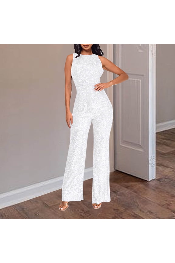 Women's Sequin Rompers Solid Color Elegant Trendy Sparkly Sleeveless Crew Neck Long Jumpsuit Casual Summer Overalls Silver M