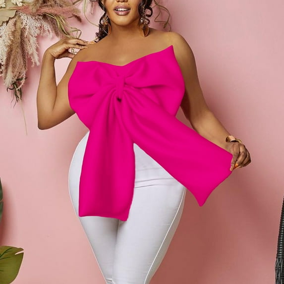 BLTIBY Women's Sexy Layer Bow Tops Sleeveless Strapless Solid Colour Party Fluffy Tank Top Fashion Elegant Blouse Plus Size Hot Pink M