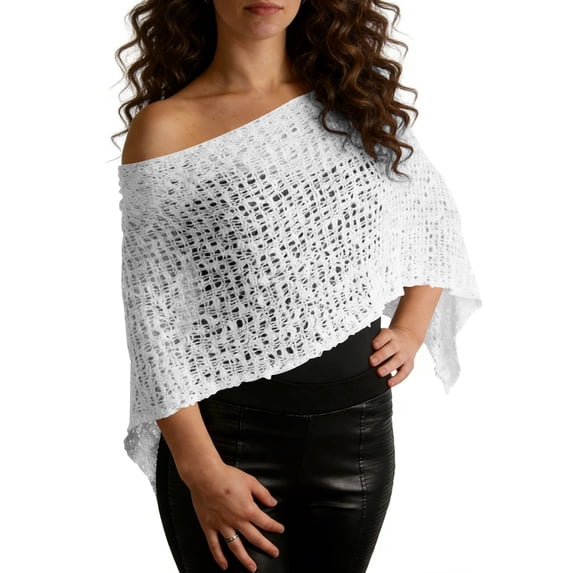 BLTIBY Women's Sheer Coverups Poncho Top Summer Mesh See Through Lightweight Cover Up Asymmetrical Beach Knit Shrug Shawl White Free Size