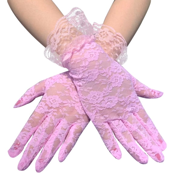 BLTIBY Women's Sheer Lace Floral Gloves Wrist Length Short Vintage Breathable Gloves for Bridal Wedding Tea Party Events Halloween Pink One Size