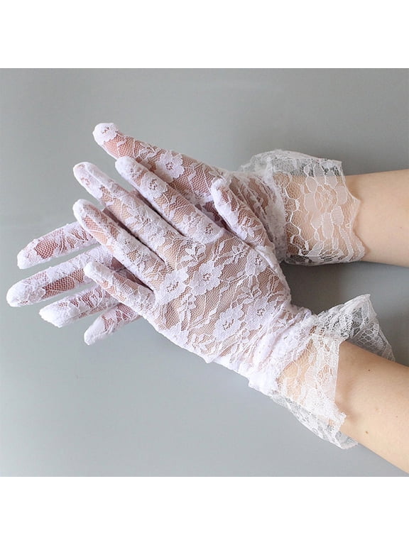 Women's Sheer Lace Floral Gloves Wrist Length Short Vintage Breathable Gloves for Bridal Wedding Tea Party Events Halloween White One Size