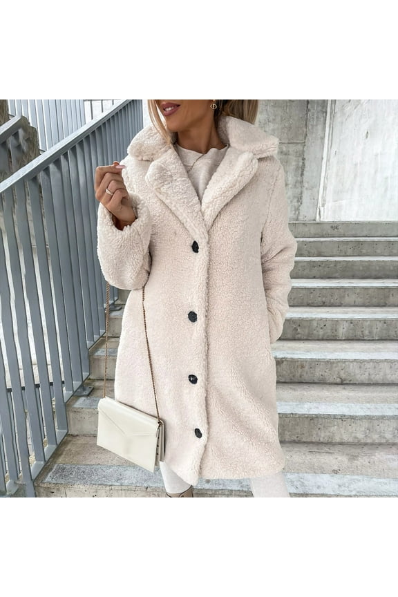 Women's Sherpa Coat Fall Winter Cozy Textured Fuzzy Button Up Long Jacket Lapel Warm Outerwear with Pockets Beige S