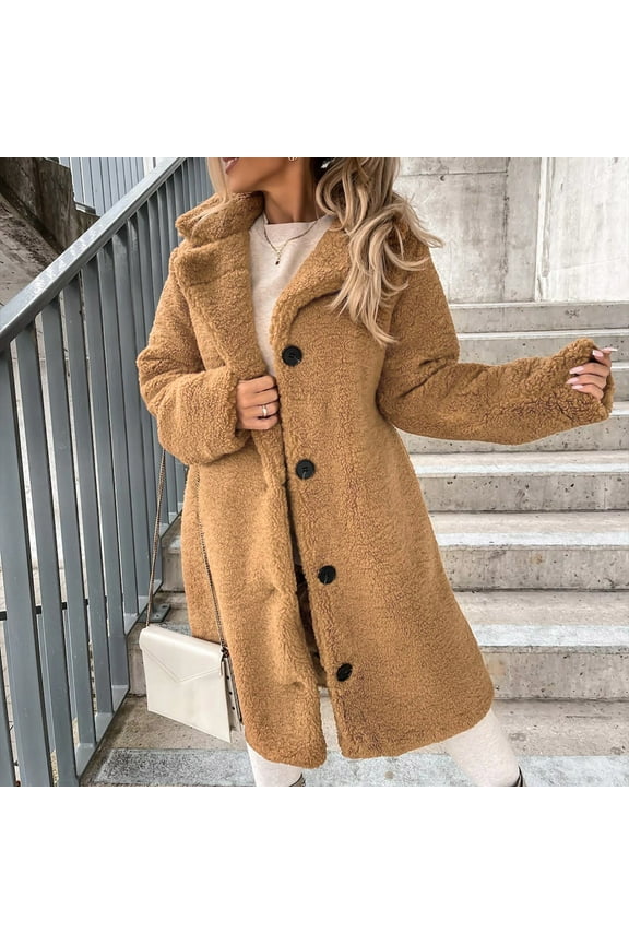 Women's Sherpa Coat Fall Winter Cozy Textured Fuzzy Button Up Long Jacket Lapel Warm Outerwear with Pockets Brown L