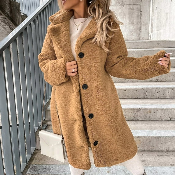 BLTIBY Women's Sherpa Coat Fall Winter Cozy Textured Fuzzy Button Up Long Jacket Lapel Warm Outerwear with Pockets Brown S