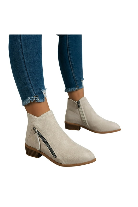 Women's Short Boots Thick Heeled Pointed Solid Color Vintage Elegant Booties Outdoor with Side Zipper Beige 43