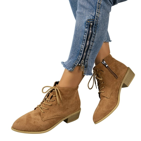BLTIBY Women's Short Boots Western Boot Retro Thick Heeled Pointed Faux Suede Lace Up Booties Outdoor with Side Zipper Brown 40