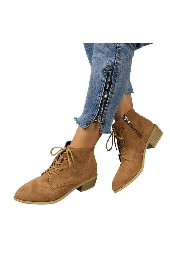 Women's Short Boots Western Boot Retro Thick Heeled Pointed Faux Suede Lace Up Booties Outdoor with Side Zipper Brown 43