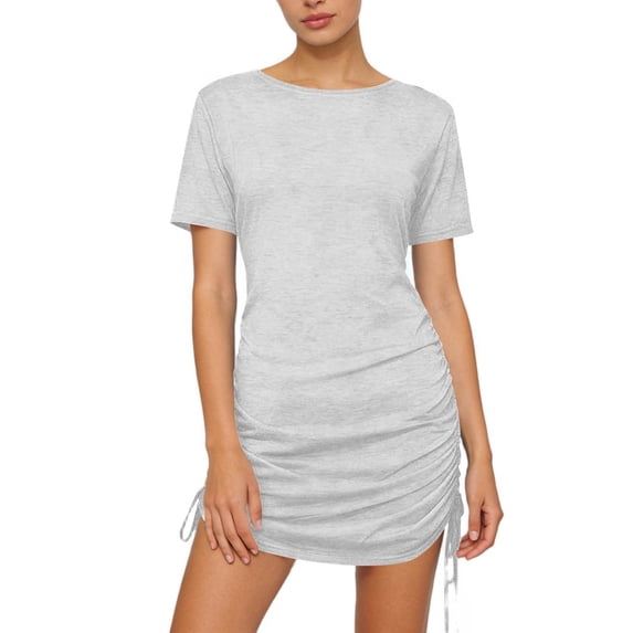 BLTIBY Women's Short Sleeve Mini Dress Drawstring Side Ruched Bodycon Crewneck Solid Color Tight Nightclub Party Casual Dress Gray L