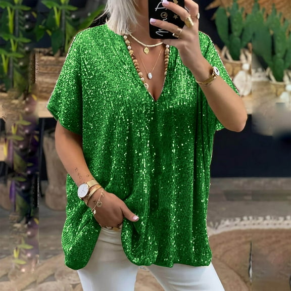 BLTIBY Women's Short Sleeve Sequin Tops Dressy Sparkle Glitter V Neck Plus Size Pullover Blouse Cocktail Party Shirts Y2k Clubwear Green XL