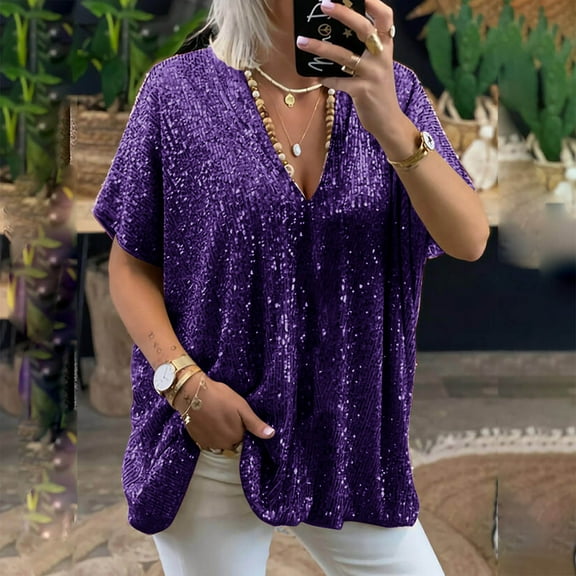 BLTIBY Women's Short Sleeve Sequin Tops Dressy Sparkle Glitter V Neck Plus Size Pullover Blouse Cocktail Party Shirts Y2k Clubwear Purple XXL