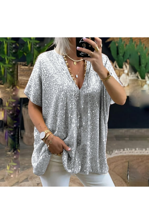 Women's Short Sleeve Sequin Tops Dressy Sparkle Glitter V Neck Plus Size Pullover Blouse Cocktail Party Shirts Y2k Clubwear Silver M