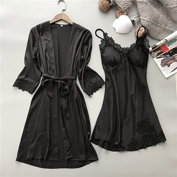 BLTIBY Women's Silk Pajama Sets Satin Robe and Nightgown 2 Piece Solid Colour Sleepwear Lace Cami Nightwear Kimono Bridesmaid Robes Black L
