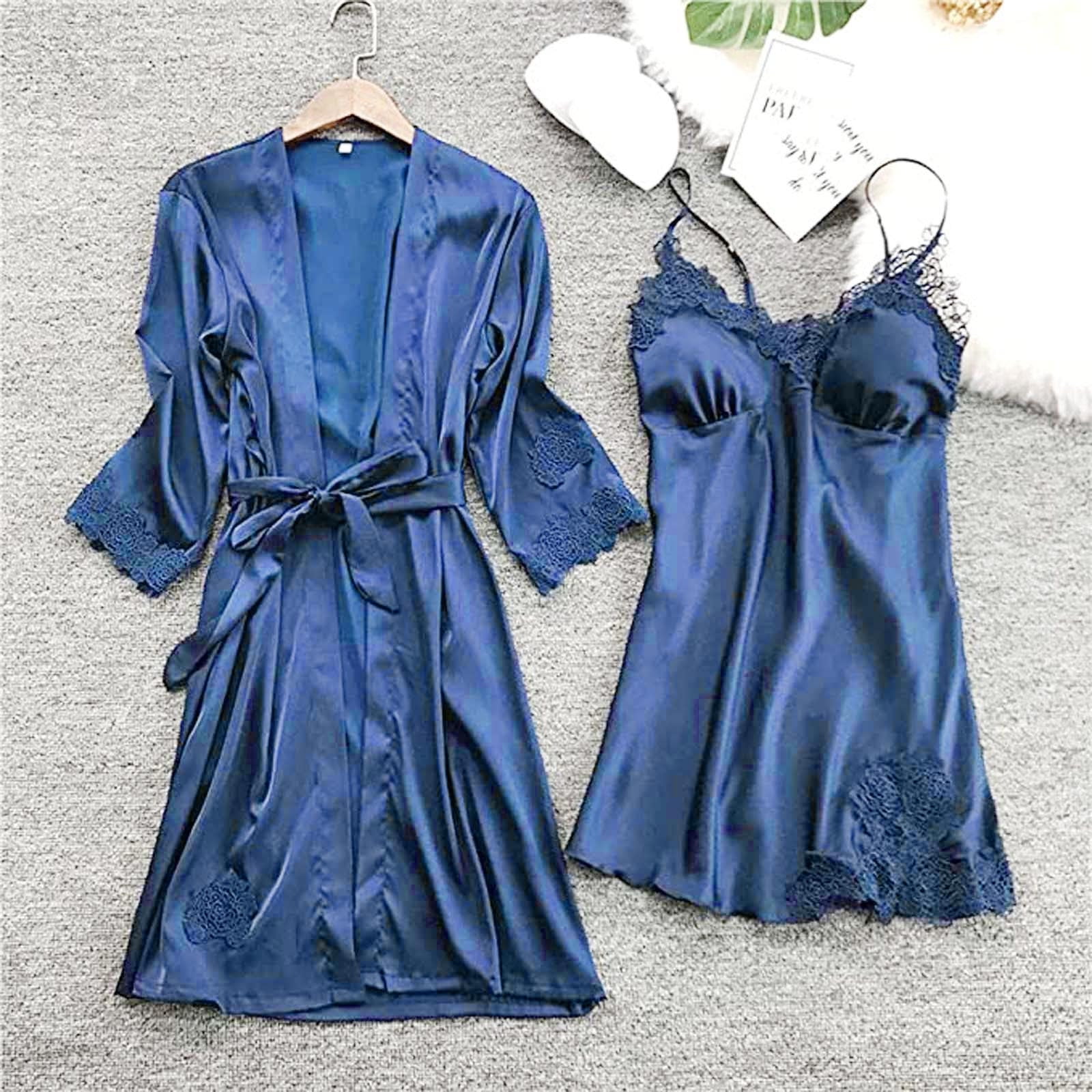 two piece night dress for ladies Bltiby Women's Silk Pajama Sets Satin Robe and Nightgown 2 Piece Solid Colour Sleepwear Lace Cami Nightwear Kimono Bridesmaid Robes Navy M, Size: