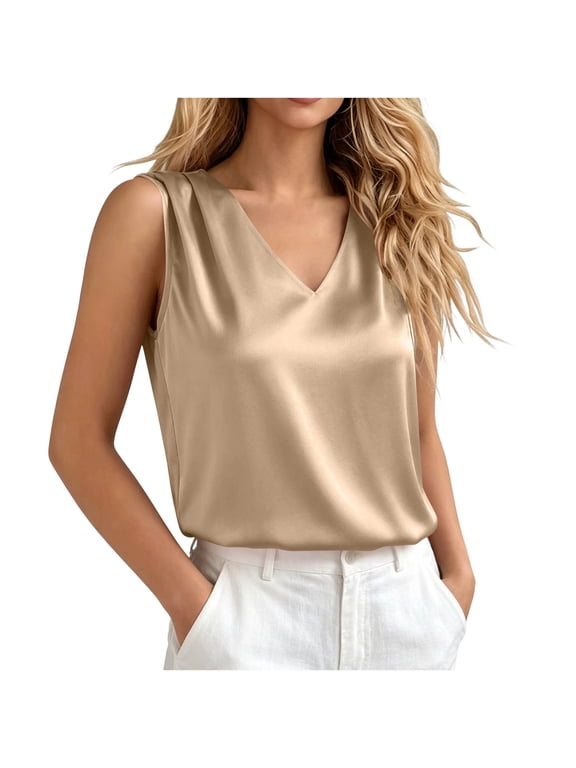 Women's Silk Satin Tank Tops V Neck Sleeveless Casual Pullover Camisole Dressy Business Office Basic Blouses Under Blazers or Jackets Beige M